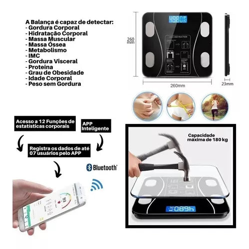 Balança Digital Bioimpedância Bluetooth - Até 180kg com Resultado no Celular