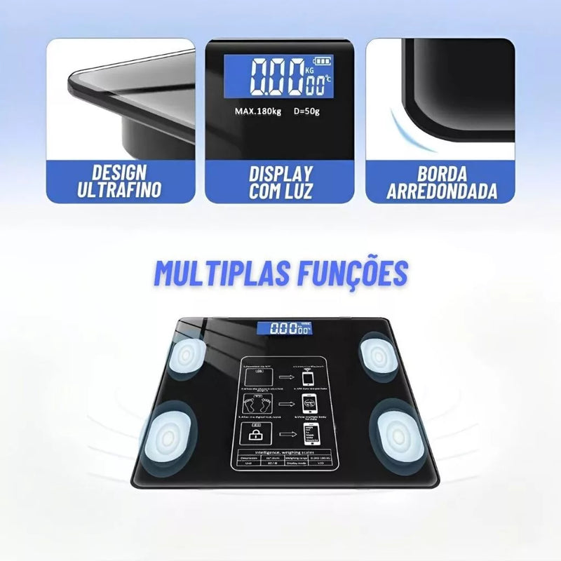 Balança Digital Bioimpedância Bluetooth - Até 180kg com Resultado no Celular